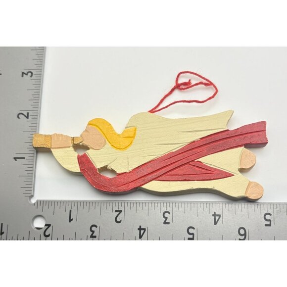 Vintage Wooden Angel Christmas Tree Ornament with Trumpet Horn & Red Sash - Picture 2 of 7